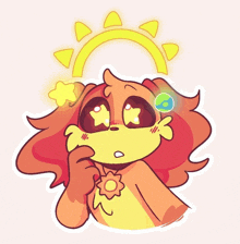 a cartoon drawing of a dog with a flower in her hair and a sun above her head