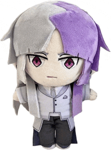 a stuffed toy with purple and white hair and a triangle on his shirt