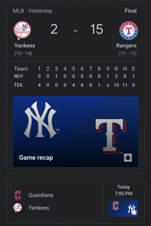 a scoreboard for a baseball game between the yankees and the rangers is shown