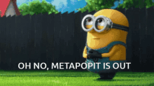 a picture of a minion with the words oh no metapopit is out