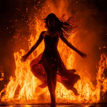 a woman in a red dress is dancing in front of a fire