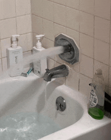 a bathtub filled with water and a bottle of native hand soap