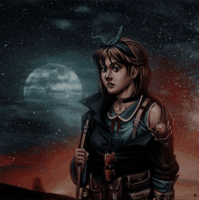 a drawing of a girl holding a gun with a full moon in the background