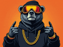 an illustration of a bear wearing goggles a hoodie and a chain