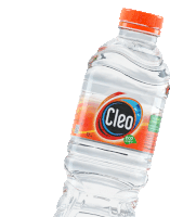 a bottle of cleo water with an orange lid