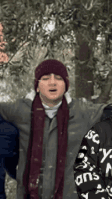 a man wearing a scarf and a beanie is standing in the snow