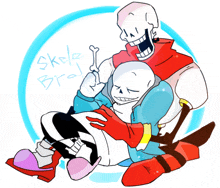 a drawing of two skeletons with the words skele bro written in blue