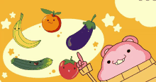 a cartoon drawing of fruits and vegetables including a banana an orange an eggplant a cucumber and a tomato