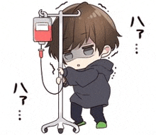 a cartoon of a boy holding an iv bag .