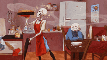 a drawing of a skeleton cooking in a kitchen with a calendar that says january on it