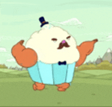 a cartoon cupcake with muscles and a top hat is standing on a grassy field .