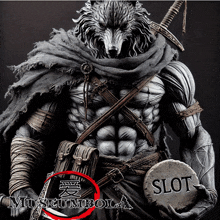 a statue of a wolf holding a sword and a slot