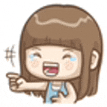 a cartoon girl with brown hair is laughing and pointing at something .