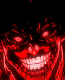 a close up of a person 's face with glowing red eyes and a smile .