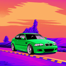 a green bmw is driving down a road