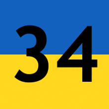 a blue and yellow sign with the number 34 on it