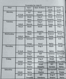 a timetable for class iv is shown on a white background