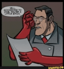 a cartoon of a man with red gloves reading a paper