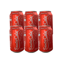 six cans of santa cola sit on a white background