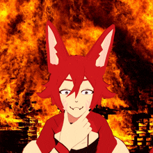 a cartoon character with red hair and white ears is making a funny face in front of a fire