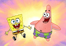 two cartoon characters spongebob and patrick are standing next to each other and smiling