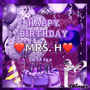 a birthday card for mrs. h with purple balloons and a purple cake