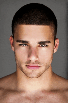 a close up of a man 's face with his shirt off