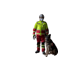 a man wearing a mask stands next to a german shepherd dog