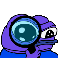 a purple frog is holding a magnifying glass in front of his face