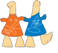 two mascots for the athens 2004 olympics are holding hands