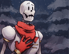 a drawing of a skeleton wearing a red scarf and gloves has the name mewpet on the bottom right