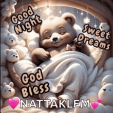 a teddy bear is sleeping in a bed with other teddy bears and says good night , god bless and sweet dreams .