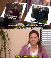corporate needs you to find the differences between these discord moderators they 're the same picture ..