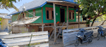 two motorcycles are parked in front of a green house that is under construction