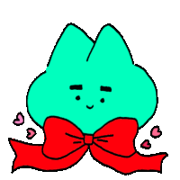 a cartoon drawing of a blue cloud with a red bow