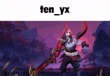a picture of a demon holding a sword with the name ten_yx below it