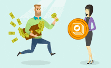 an illustration of a man running with a briefcase full of money and a woman holding a coin with the letter o on it