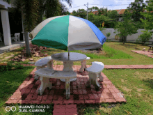 a huawei nova 3i dual camera takes a picture of a picnic table and umbrella