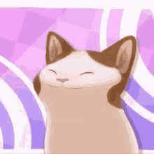 a brown and white cat is sitting in front of a purple and pink background .