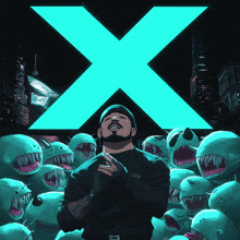 a man stands in front of a large x on a poster