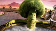 a cartoon character with a big broccoli head is in a bathtub