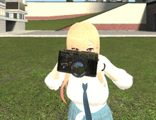 a girl in a white shirt and blue plaid skirt is holding a black camera in front of her face