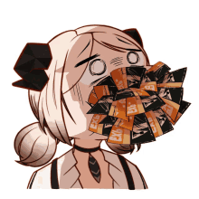 a cartoon of a girl with a bunch of cards in her mouth that say ex6