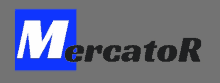 a blue and white logo for mercator is on a grey background