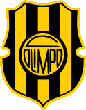 a black and yellow striped shield with the word olmpd in the center