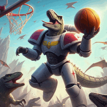 a t-rex holding a basketball in front of a basketball hoop surrounded by dinosaurs