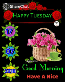 a happy tuesday greeting card with a basket of flowers and a cup of coffee