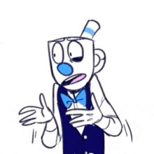 a cartoon character with a blue nose and a blue and white top hat is wearing a bow tie and a suit .