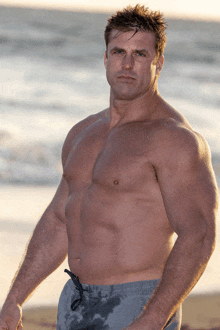 a shirtless man stands on a beach with his hands in his pockets