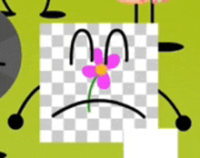 a cartoon character with a sad face and a purple flower in front of it .